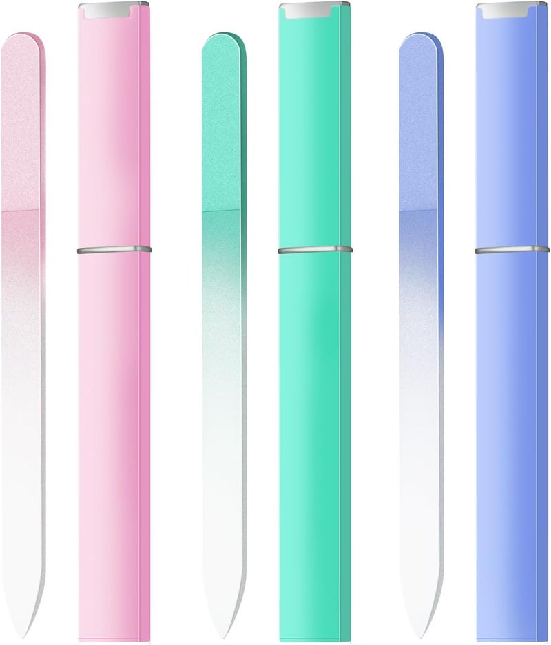 OHOO Glass Nail Files Double Side Polish Crystal Fingernail File with Case Manicure Salon Nail Care for Women Girls Pink Green Blue, 240 Grit, 3 Pack - Image 1
